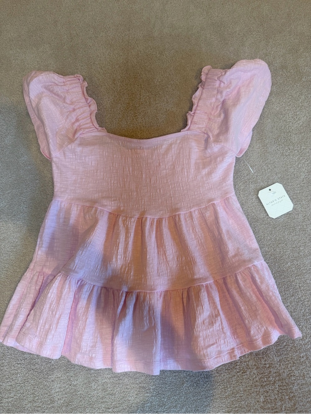 Altar'd State Pink Ruffle Sleeve Tiered Peplum Top